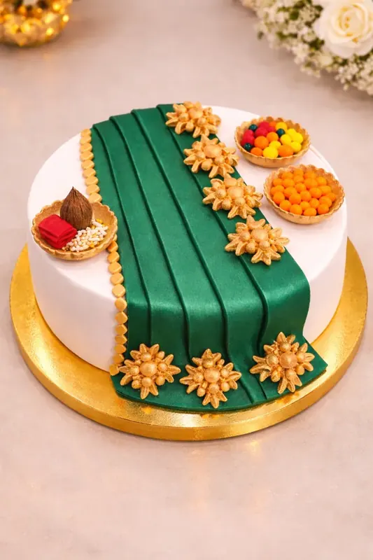 Stunning custom celebration cake in green and gold by Moi Doughssier